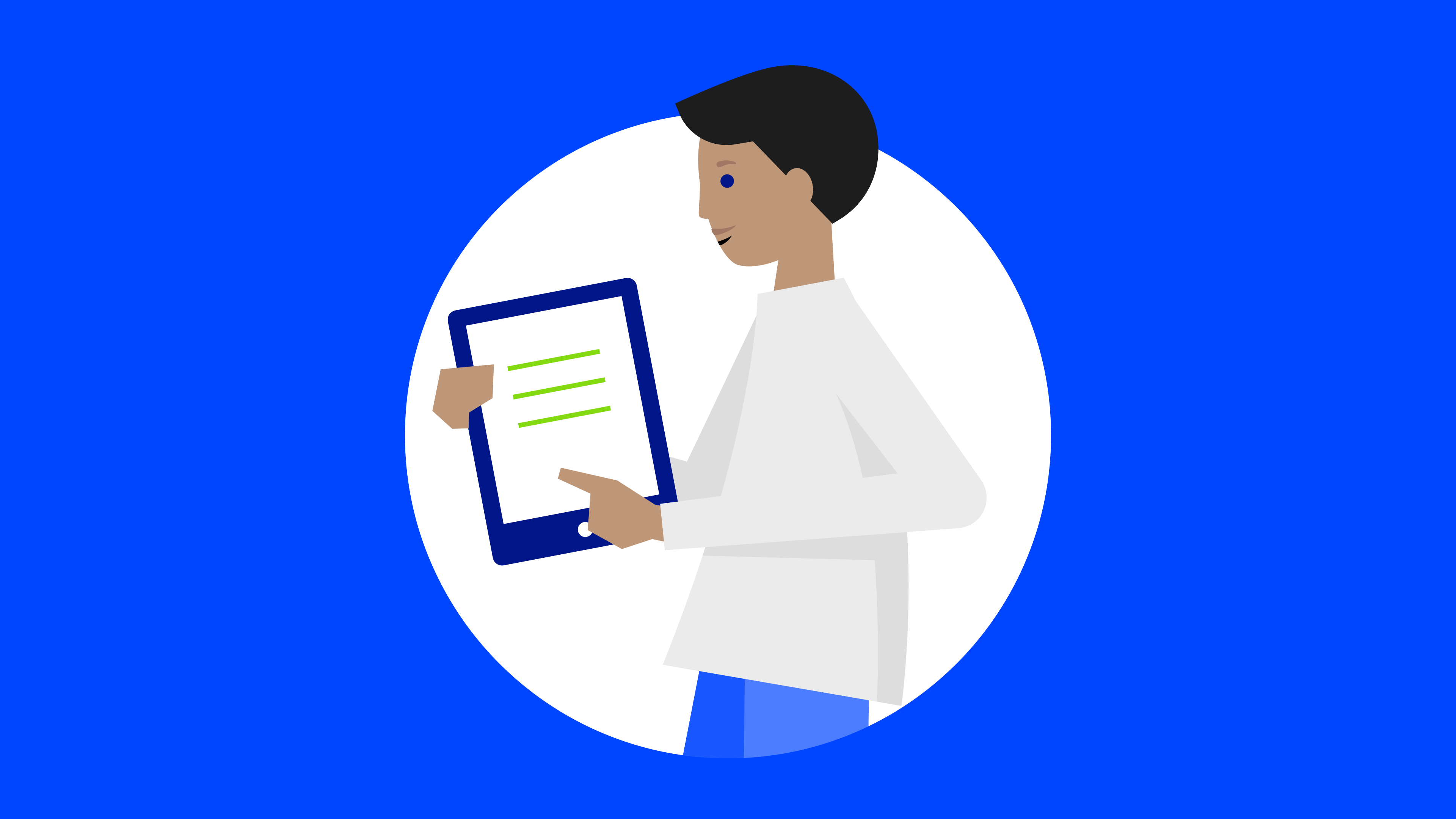 Illustration of a man holding a tablet in his hands.