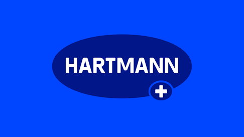 Blue HARTMANN logo (blue ellipse with white "HARTMANN" lettering) on dark blue background.