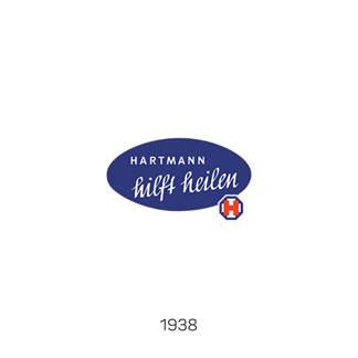 Old HARTMANN logo from 1938: white lettering "HARTMANN hilft heilen" on a blue background.