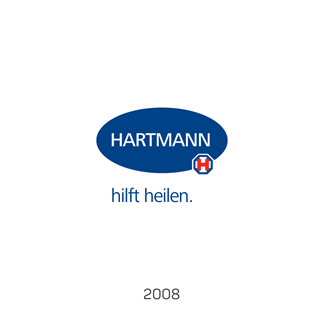 Old HARTMANN logo from 2008: white lettering "HARTMANN" on blue background with additional slogan "hilft heilen".