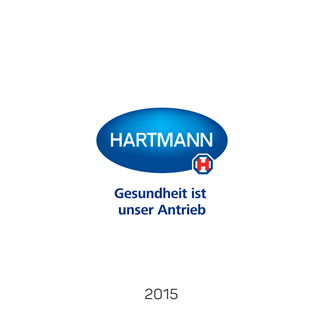 Old HARTMANN logo from 2015: white lettering "HARTMANN" on blue background with additional slogan "Gesundheit ist unser Antrieb".