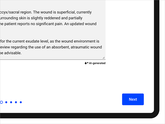 Website form displaying AI-generated wound care text, with an ‘AI-generated’ label below the text field and a blue ‘Next’ button.