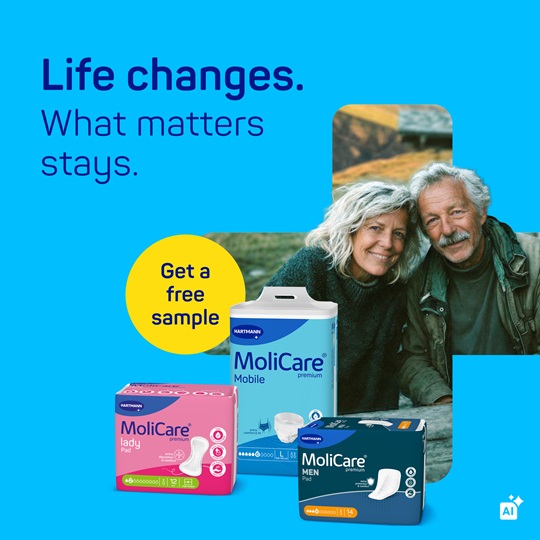 Blue campaign graphic with the headline ‘Life changes. What matters stays.’, featuring an older couple, MoliCare products, a yellow ‘Get a free sample’ circle, and an AI indicator.