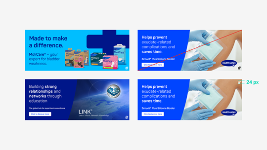 Examples of digital marketing banners with AI-generated content labels placed in the corner for transparency.