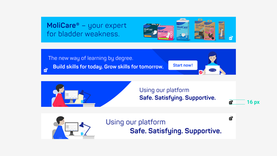 Examples of email banner designs with small AI-generated content labels displayed for transparency.