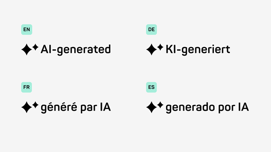 AI-generated content labels shown in English, German, French, and Spanish with a sparkle icon.