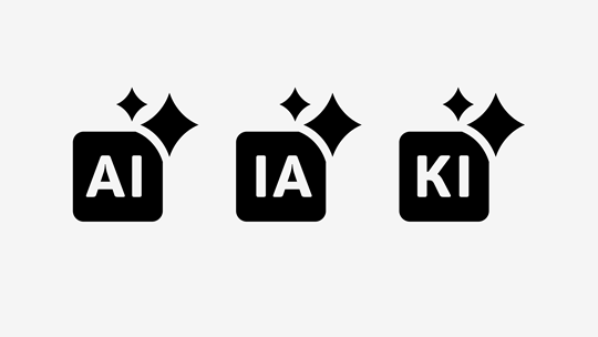 AI-generated content icons shown in English, Spanish, and German language versions with sparkle symbols.