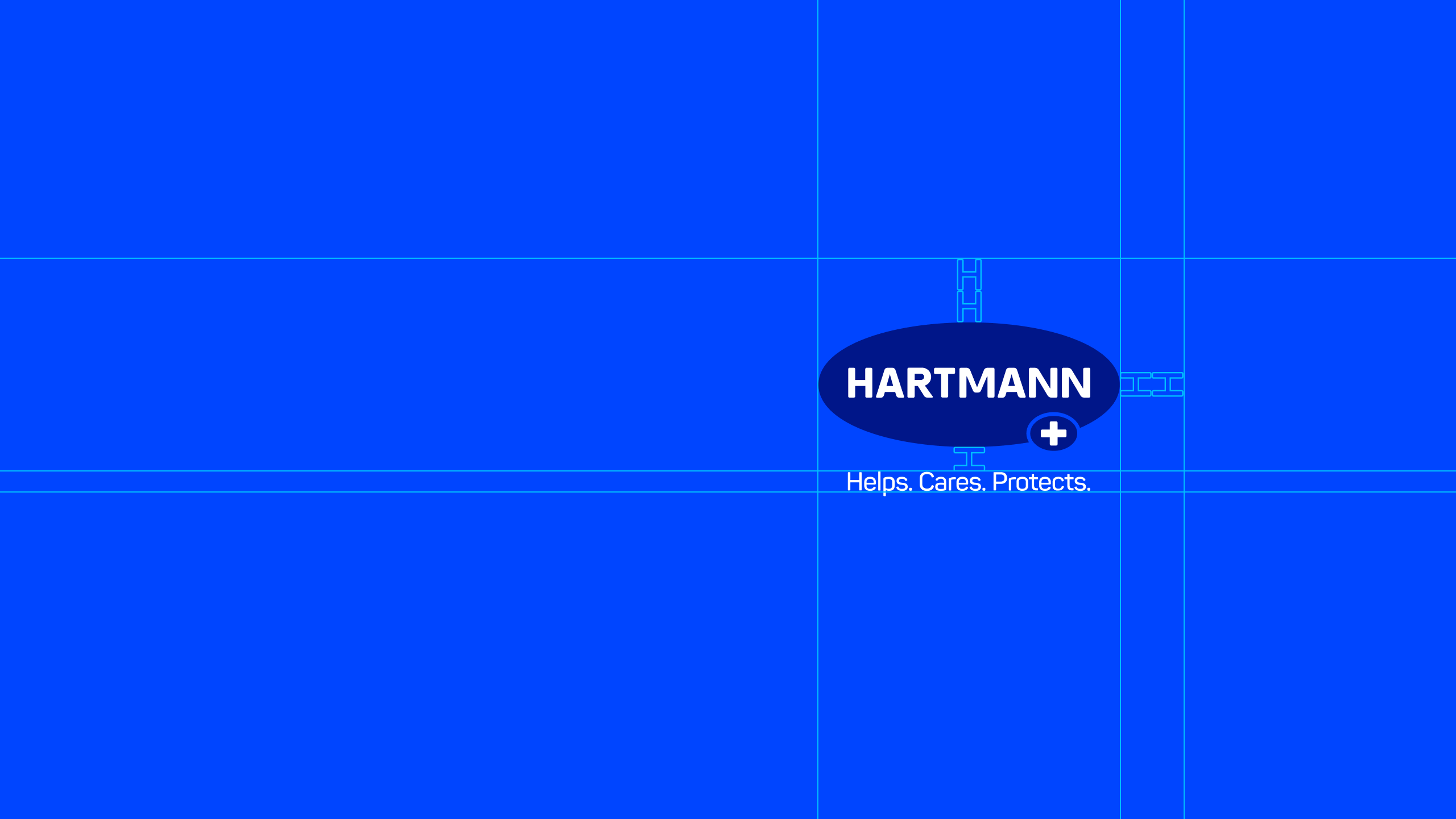 Blue background with grid lines, featuring the HARTMANN logo in a dark blue oval with a white cross symbol. Below the logo is the slogan ‘Helps. Cares. Protects.’ in white text.