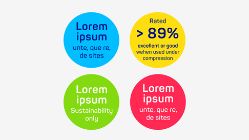 Three examples of three different eye-catcher graphics (colorful circles with text in them).