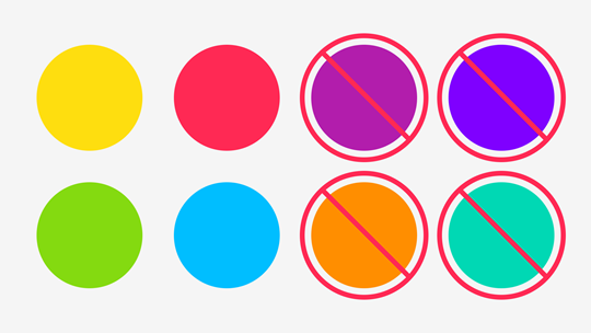 Eight secondary colors HARTMANN: Four color circles in Yellow, Red, Green and Cyan. Four crossed-out color circles in Pink, Violet, Orange and Turquoise.