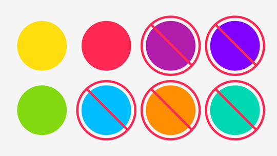 Eight secondary colors HARTMANN: Three color circles in Yellow, Red and Green. Five crossed-out color circles in Cyan, Pink, Violet, Orange and Turquoise.