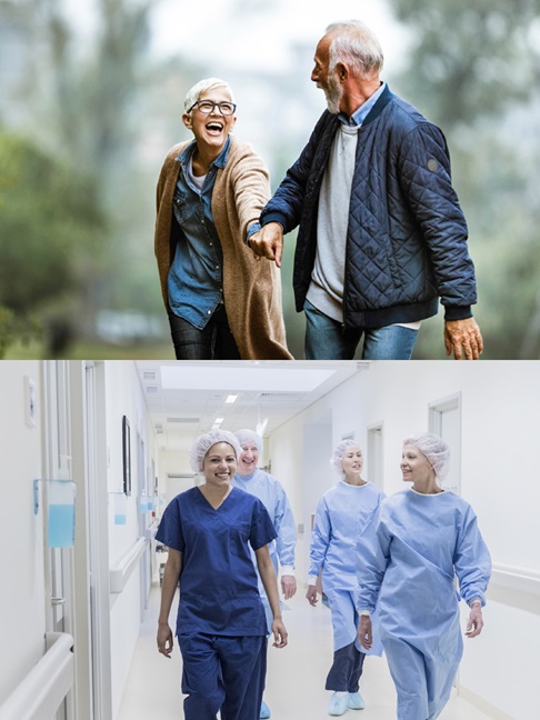 Two examples of images that illustrate the HARTMANN visual language. One picture shows a happy elderly couple and the other shows nursing staff at work in a hospital. 