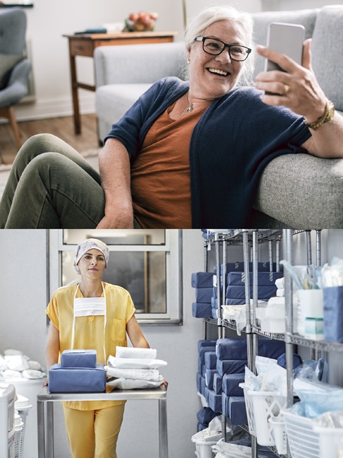Two examples of images that illustrate the HARTMANN visual language. One picture shows a happy elderly lady on her mobile phone and the other shows a nurse at work in the hospital. 