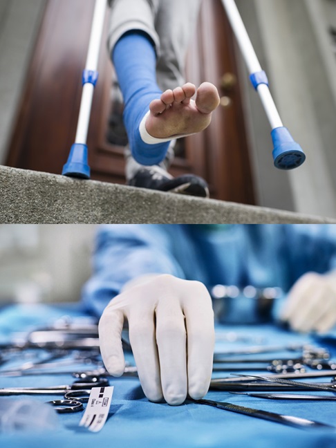 Two examples of images that illustrate the HARTMANN visual language. One picture shows a person with a cast on their foot and crutches and the other shows a doctor inspecting medical equipment. 
