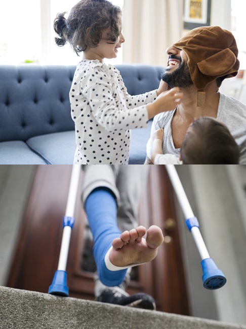 Two examples of images that illustrate the HARTMANN visual language. Top picture shoes a father playing with his children and the bottom picture shows a person with a cast on their foot.