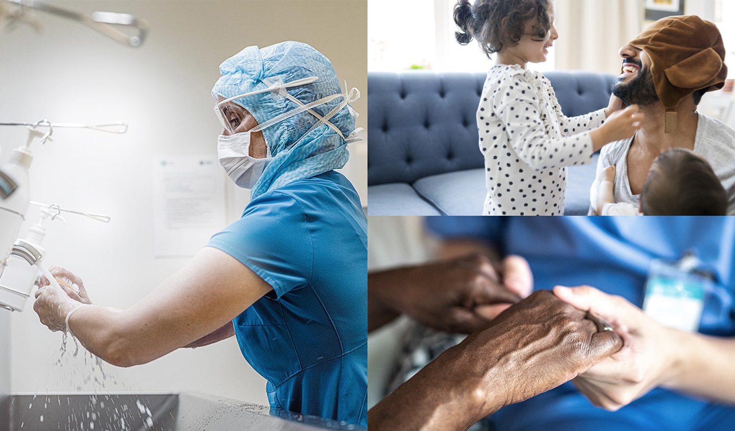 A collage of three images that illustrate the HARTMANN visual language. The collage shows a doctor washing her hands, a father playing with his children and a nurse holding a patient's hands.