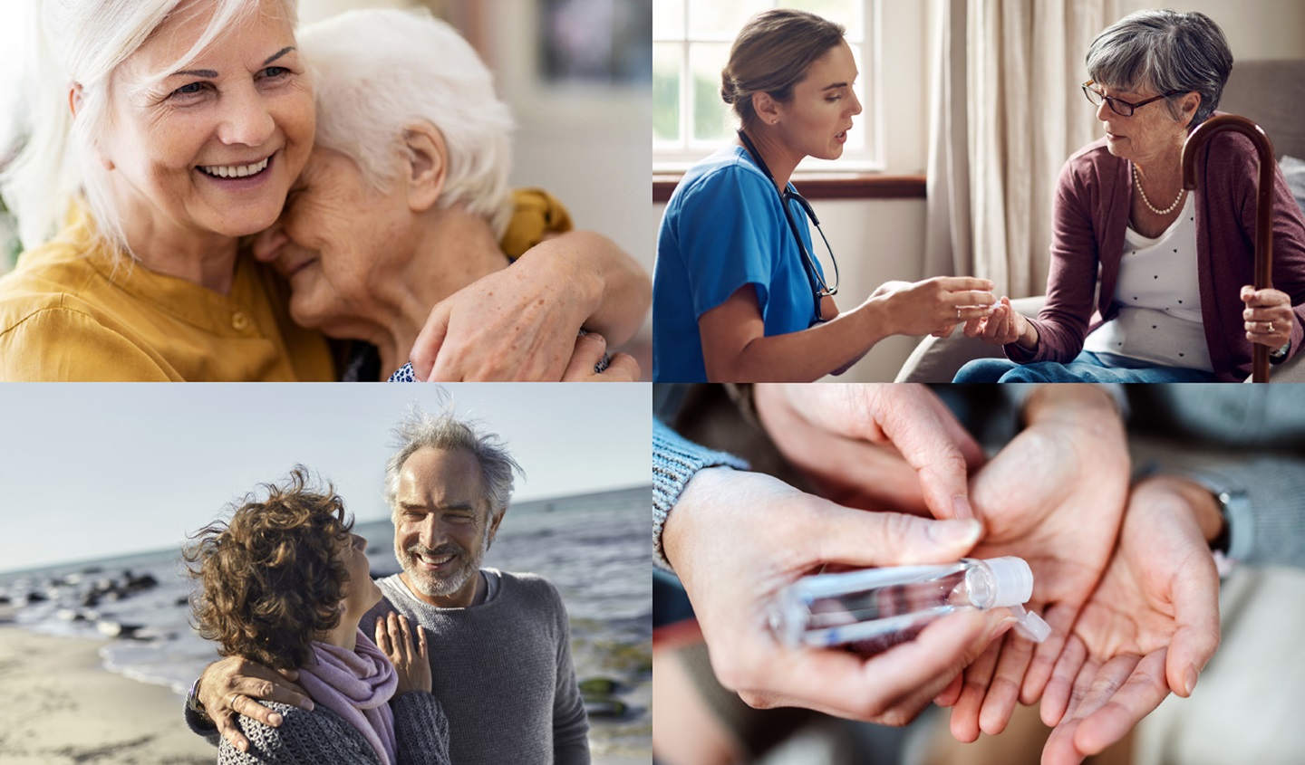 A collage of several images that illustrate the HARTMANN visual language. Happy seniors and care situations are shown.