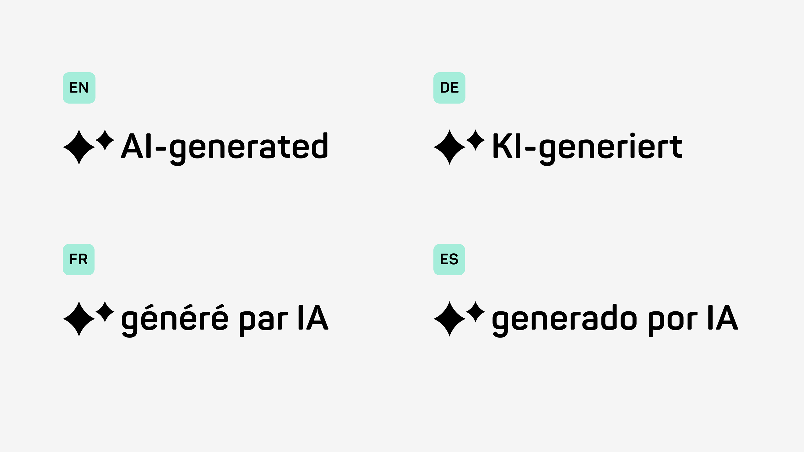 AI-generated content labels shown in English, German, French, and Spanish with a sparkle icon.