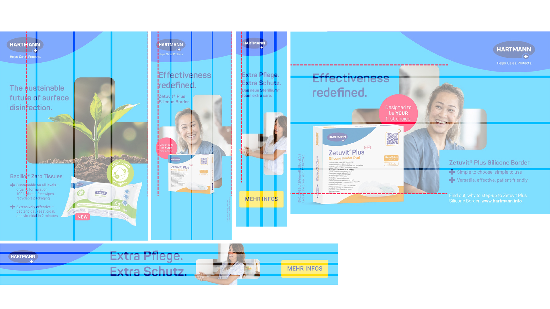 Illustration of five different layouts for cover and banner, explaining the placement and size of the Plus.