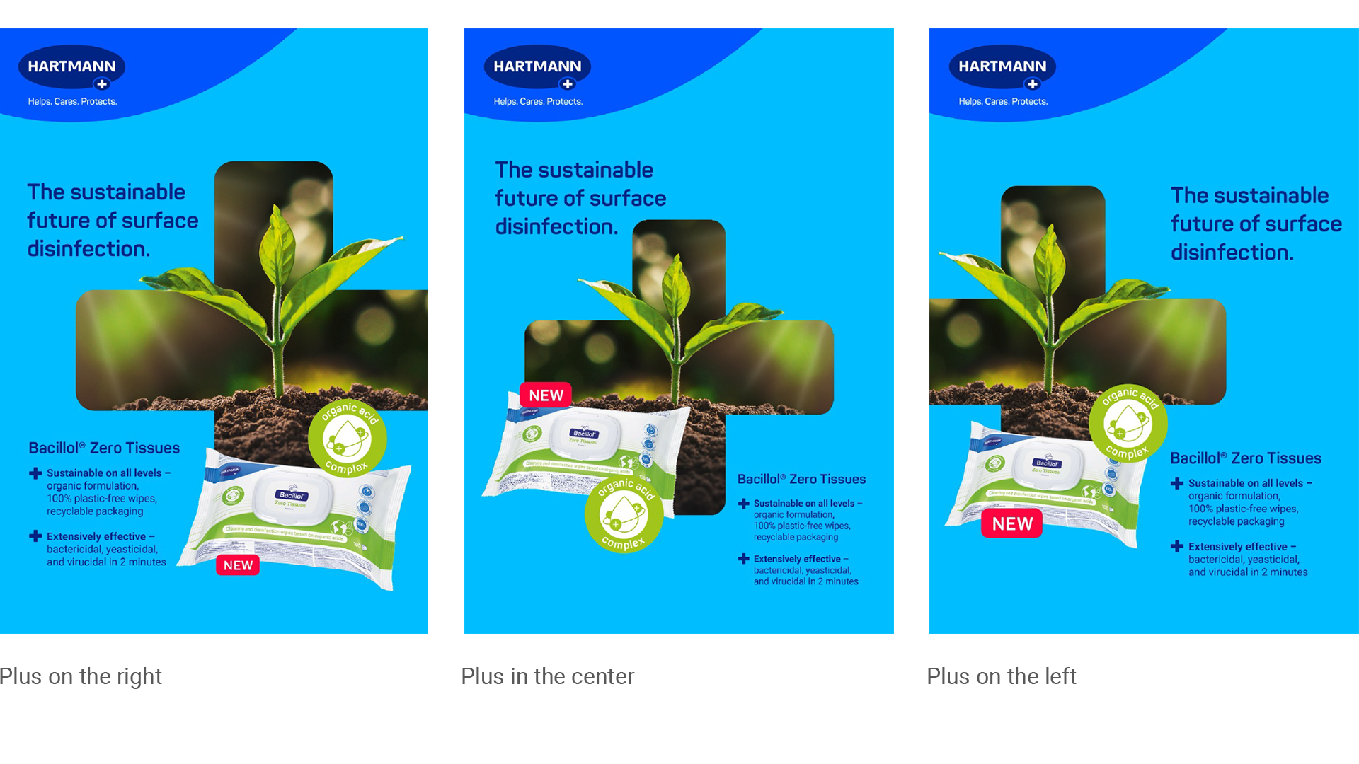 Design of three title layouts with different placements of cross, text, product, and eye-catchers.