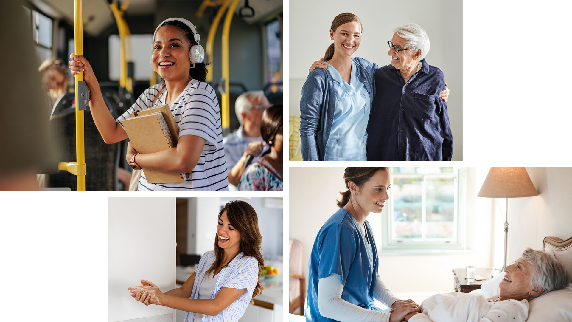 𠊏our image examples describing the image concept: Young woman on bus, nurse hugging patient, woman washing hands laughing, nurse talking to bedridden elderly lady.