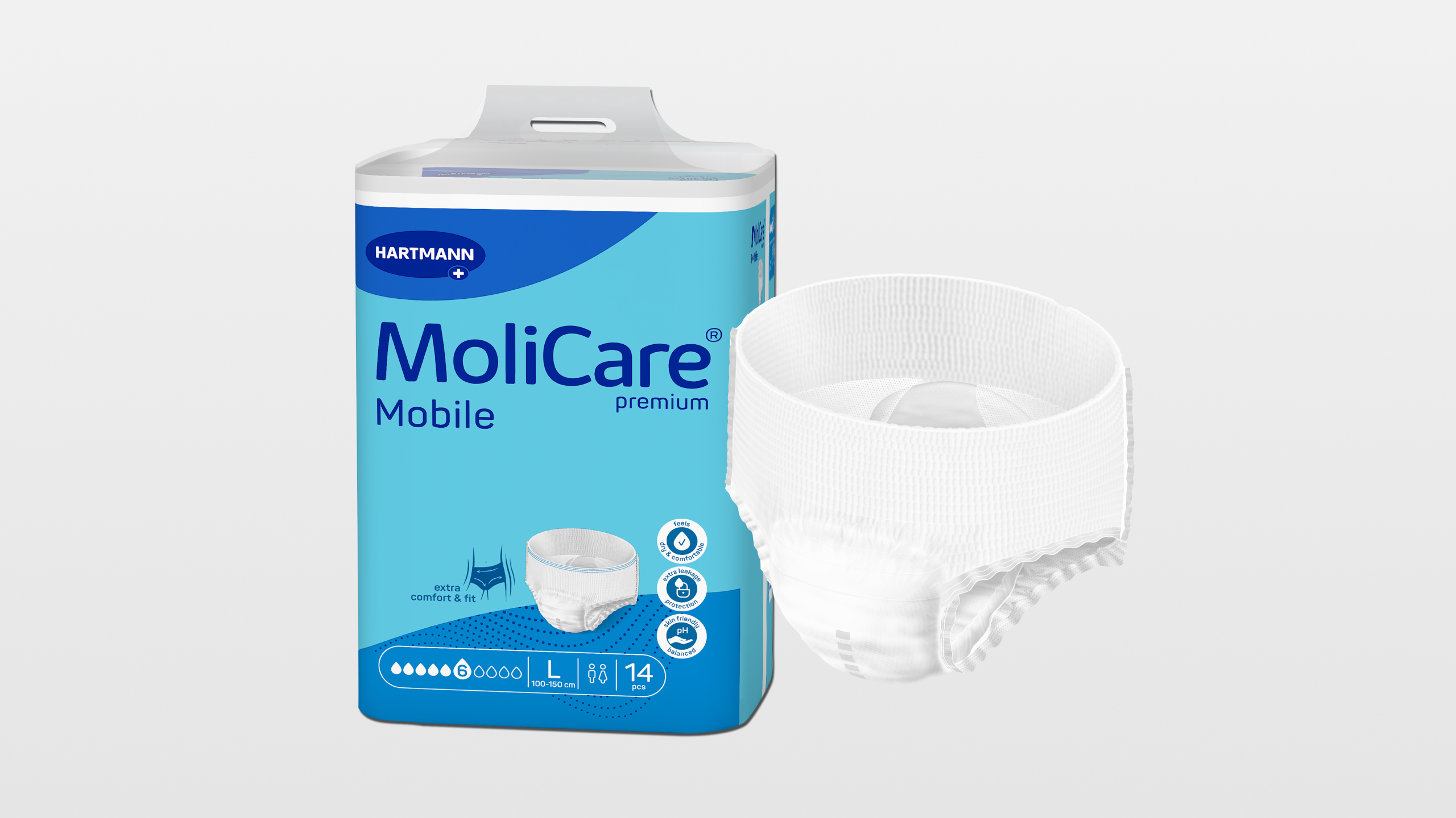A pack of MoliCare© Mobile incontinence underwear displayed next to a single white pull-up style adult diaper.