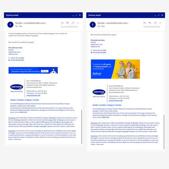 Thumbnail display of two complete email signatures, one with a small, one with a large image. 