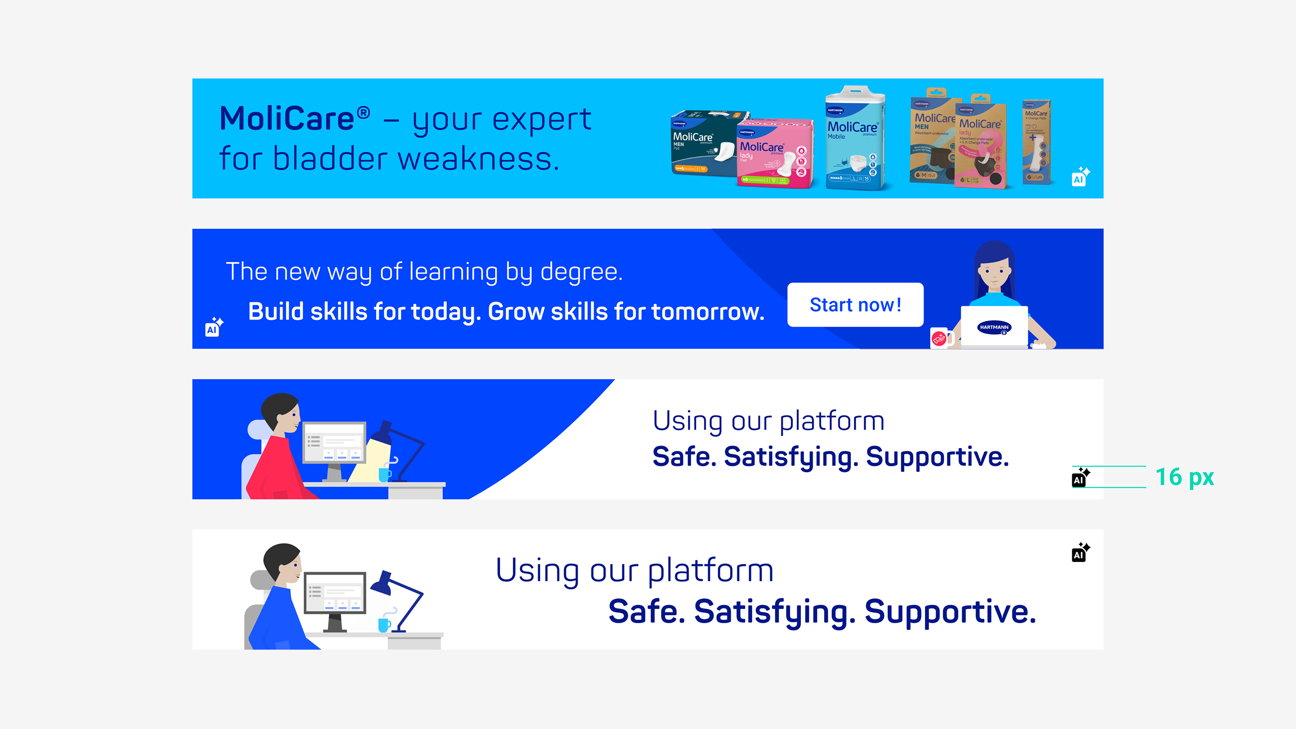 Examples of email banner designs with small AI-generated content labels displayed for transparency.