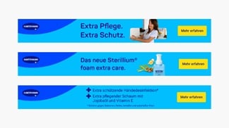 Three blue banners with large headlines, benefit communcitaion, visual in plus and yellow buttons.