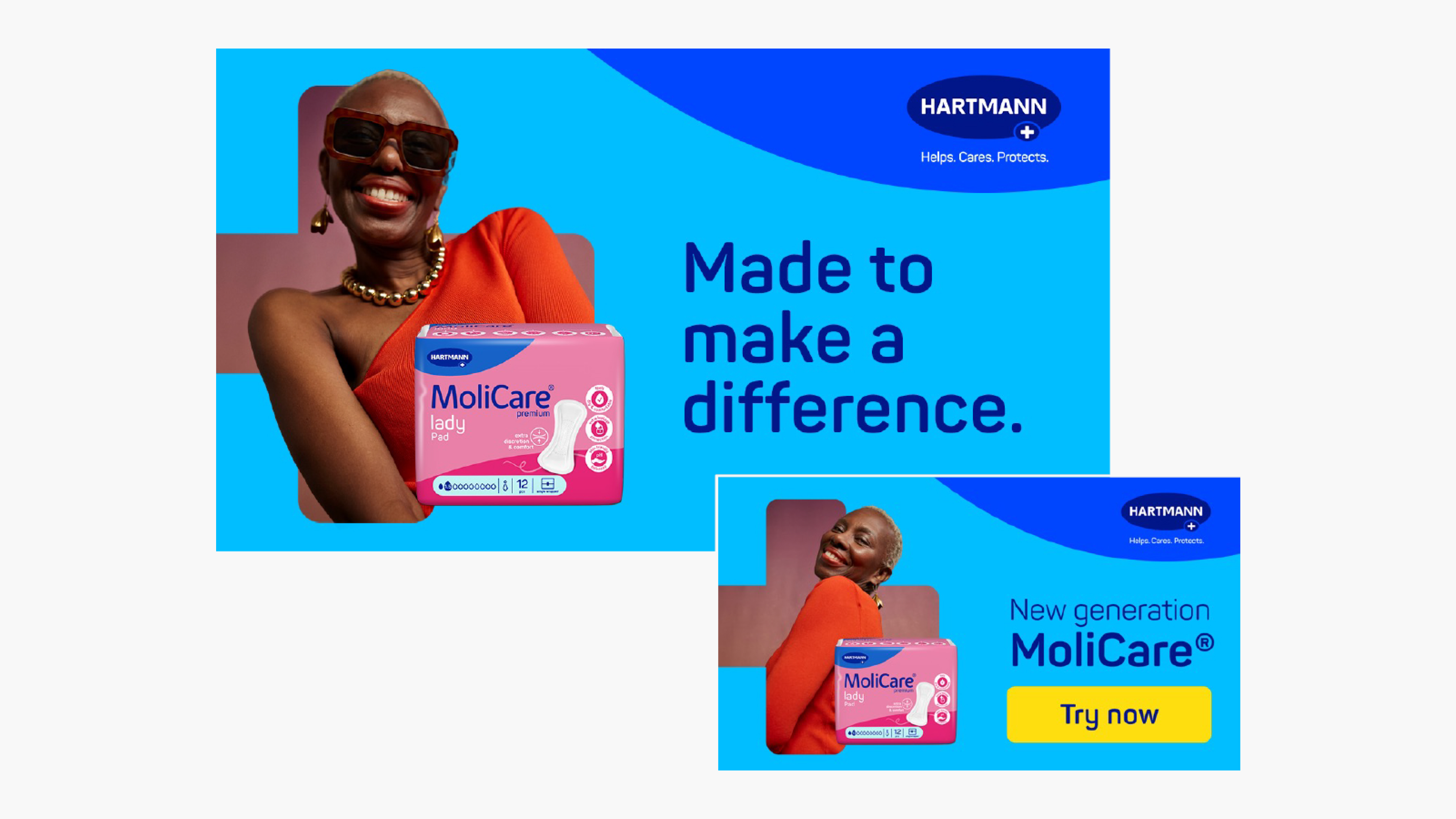 An ad for HARTMANN MoliCare® shows a woman wearing sunglasses