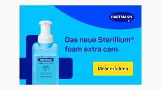 An advertisement for HARTMANN sterillium foam extra care.