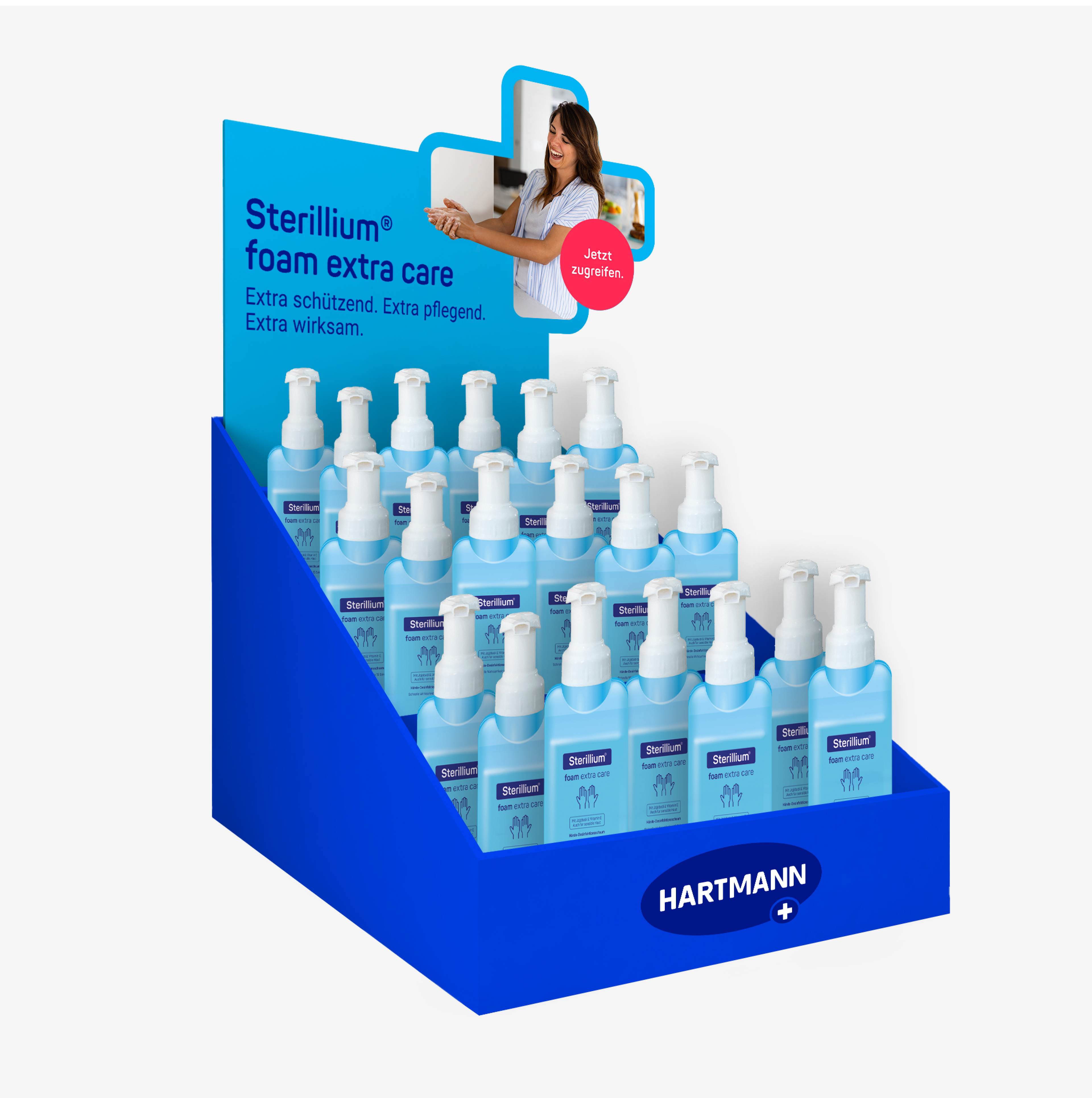 Illustration of a POS display in Plus design for the product Sterilium.