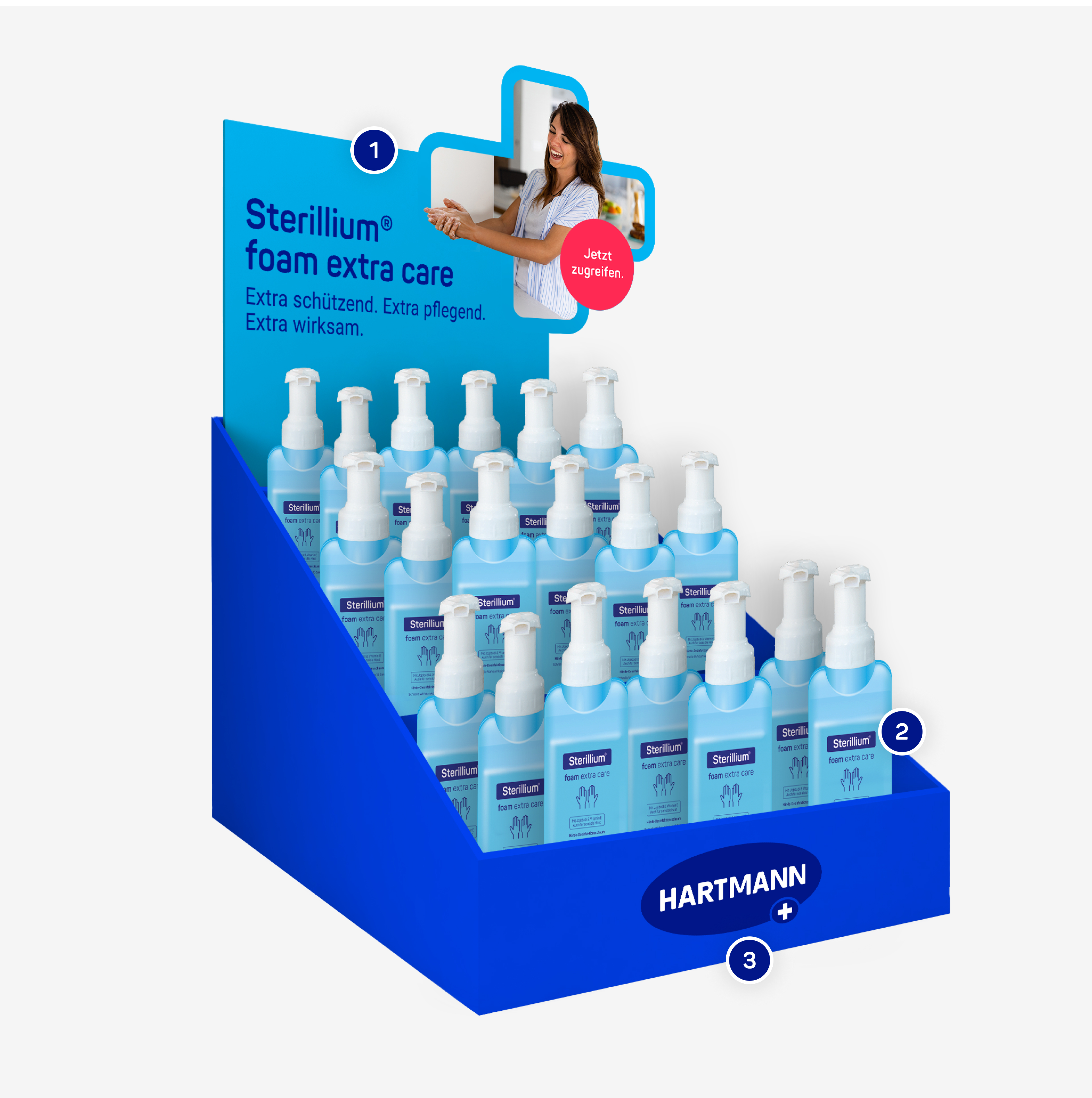Illustration of a POS display in Plus design for the product Sterilium.
