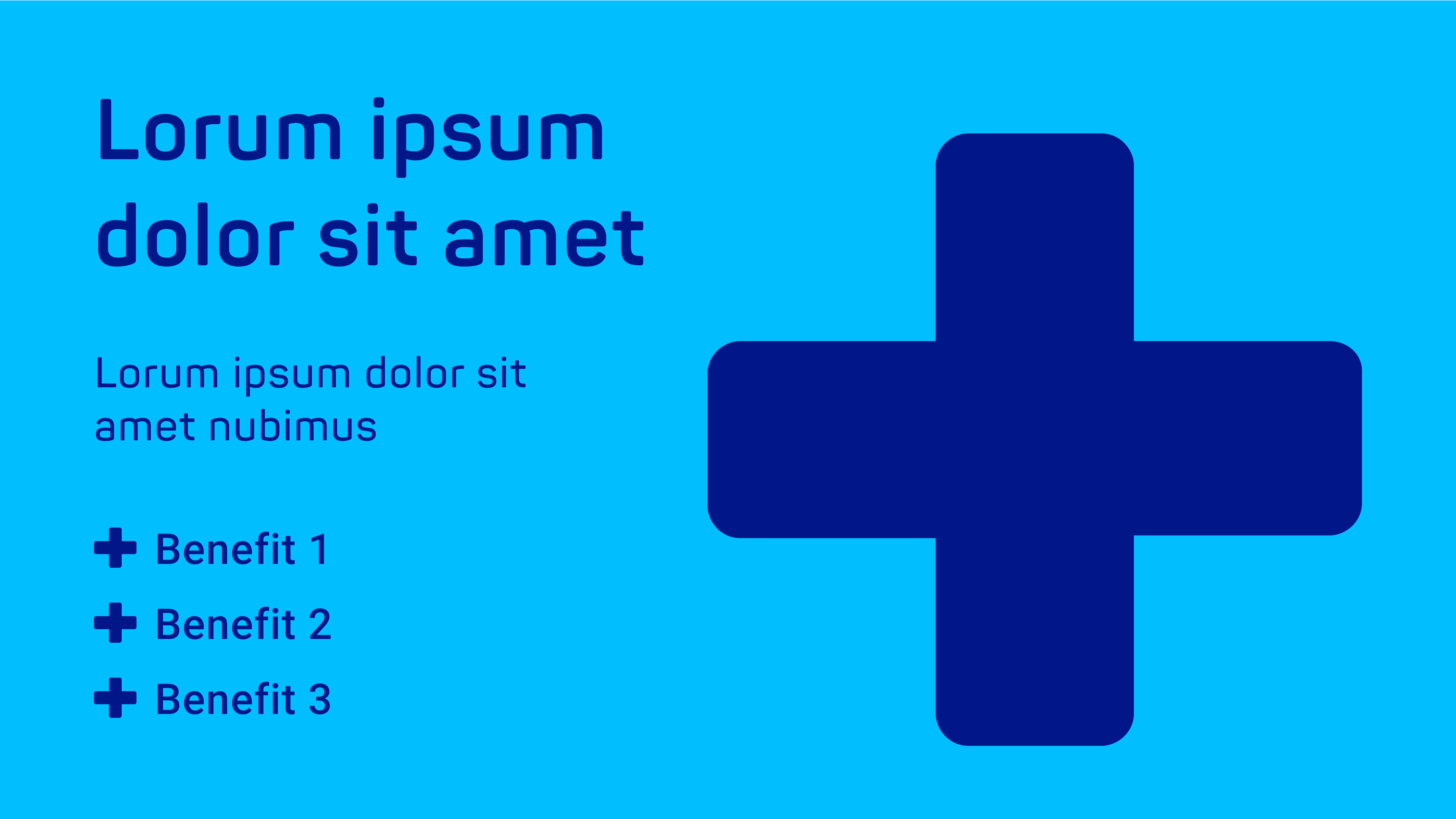 Shape of a large blue plus and different text elements on a cyan-colored surface