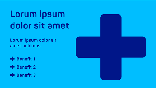 Shape of a large blue plus and different text elements on a cyan-colored surface