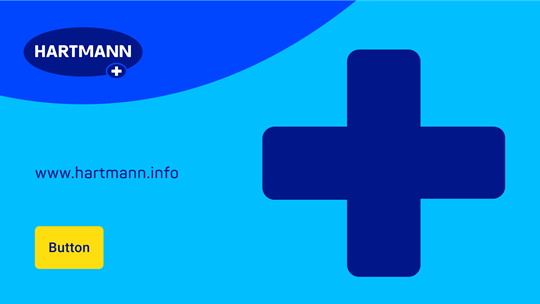 Illustration of a blue ellipse with HARTMANN logo, a dark blue plus shape, a URL and a yellow button on a cyan surface