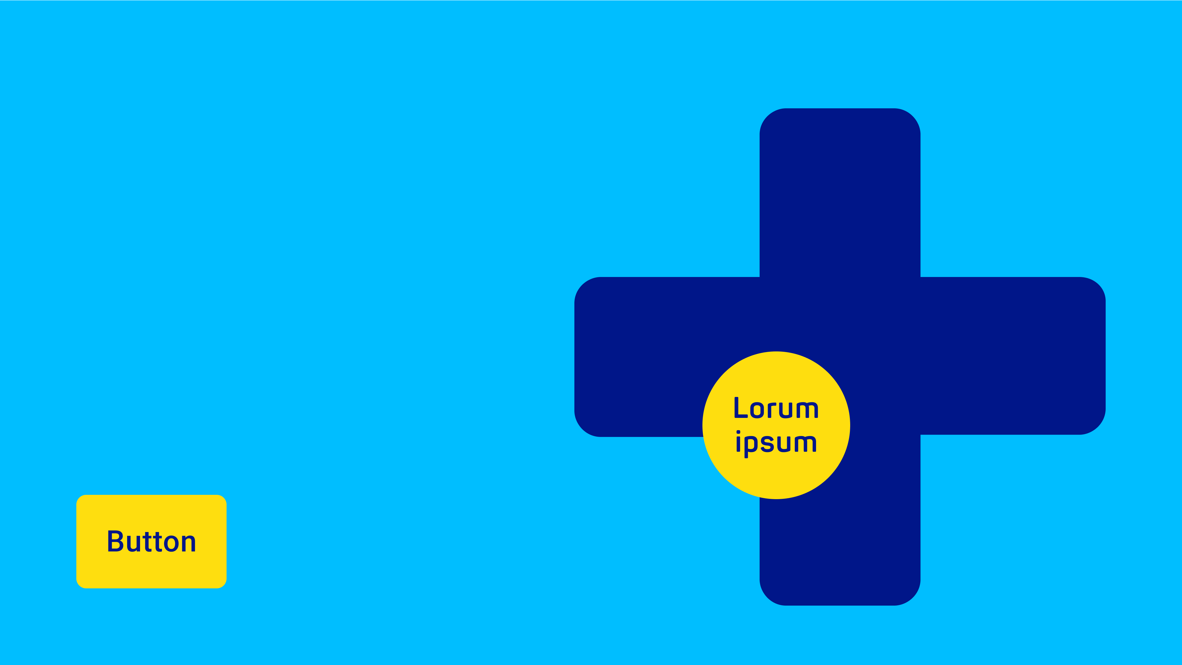 llustration of a dark blue plus shape, a yellow eye-catcher and a yellow button on a cyan surface