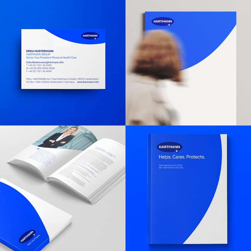 Collage of various HARTMANN print materials such as brochures, business cards and posters.