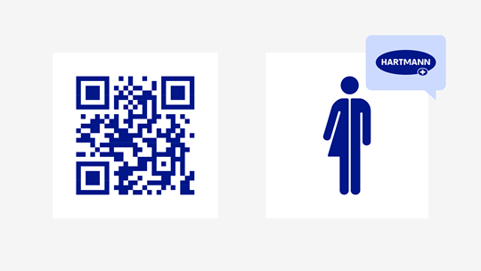 QR code next to a blue accessibility icon with a HARTMANN logo in a speech bubble.