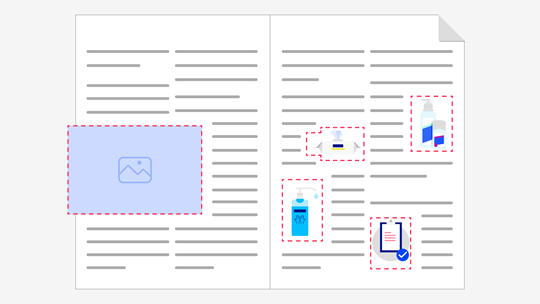 Publication layout template showing text and image placement areas highlighted within a multi-page document.