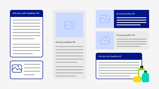 Examples of publication content blocks, including text boxes, image cards, and information panels with placeholder content.