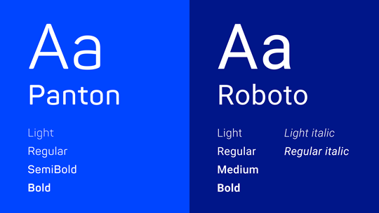 Typography guidelines showcasing Panton and Roboto font families with available font weights and styles.