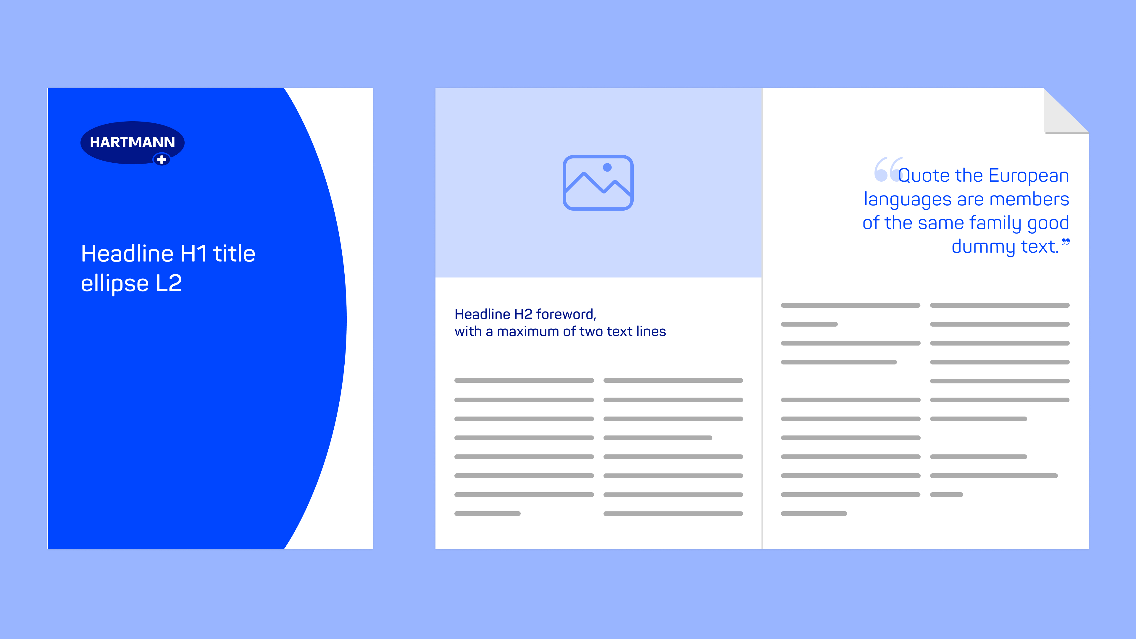 Corporate publication layout with the HARTMANN logo, blue cover, and sample inside pages with image, quote, and text.