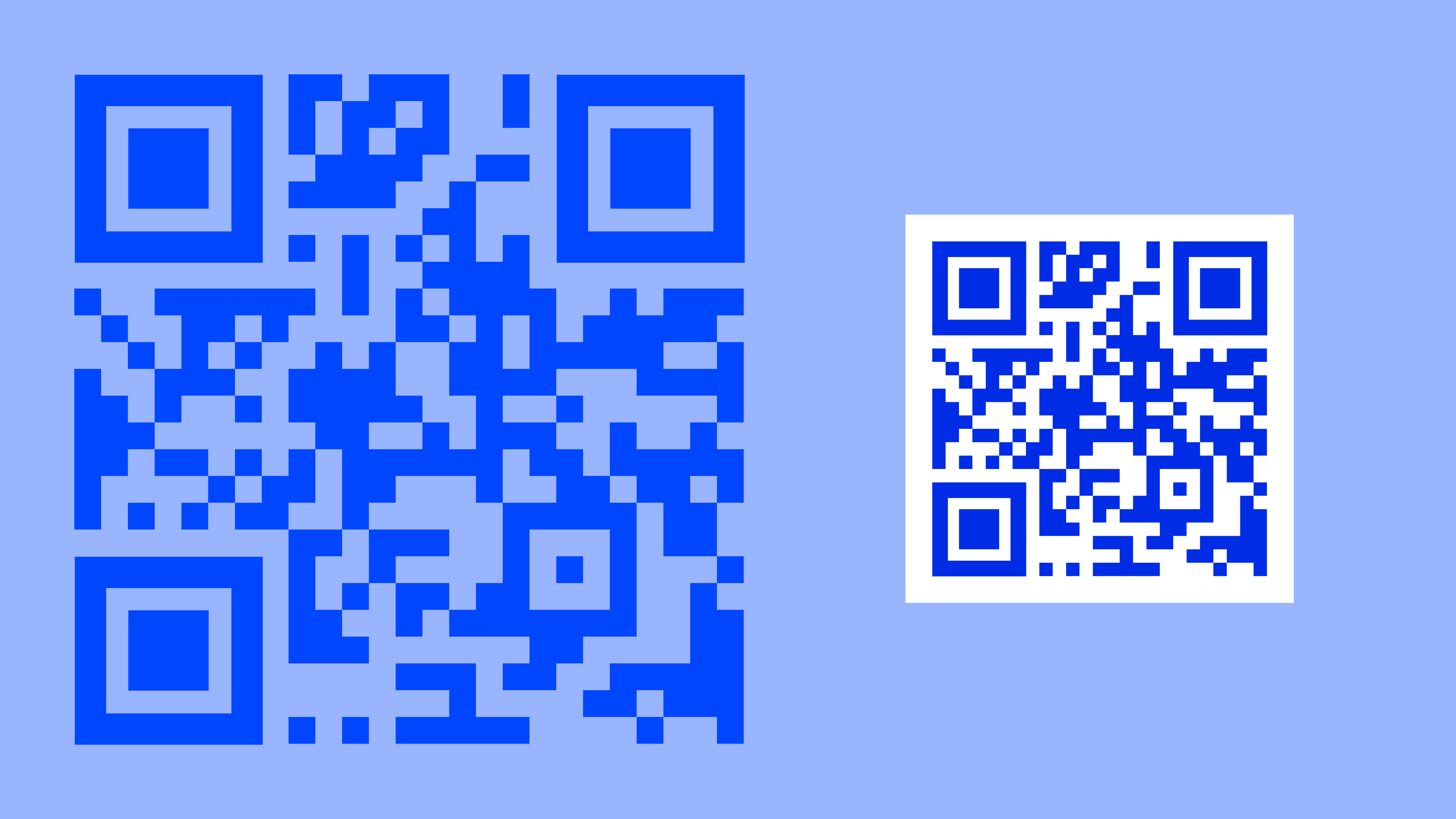 Two blue QR codes on a light blue background; a large one on the left and a smaller one with a white border on the right.