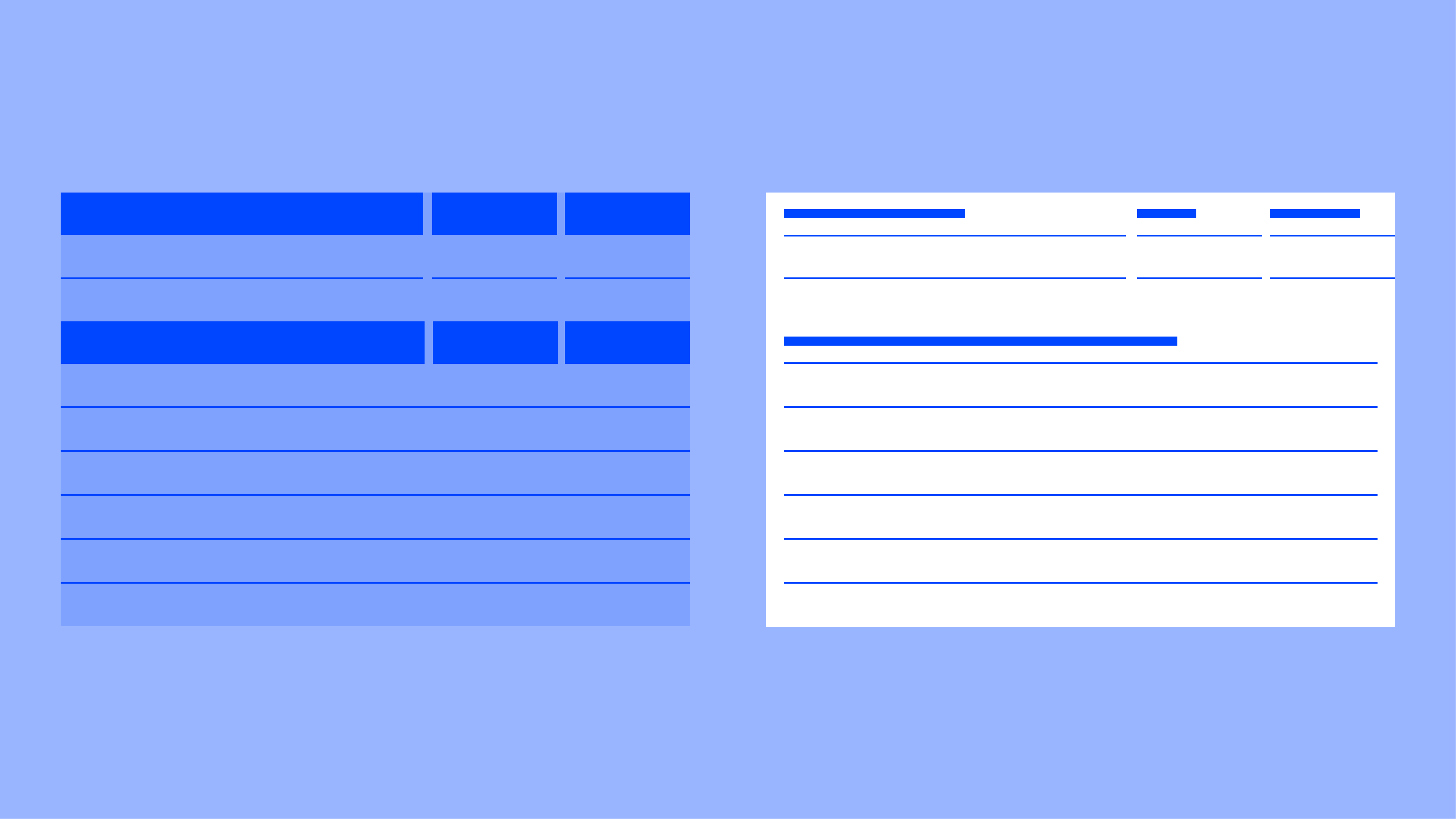 Illustration of two table layouts side by side — a blue table on the left and a white table with blue lines on the right, representing structured data or document formatting.