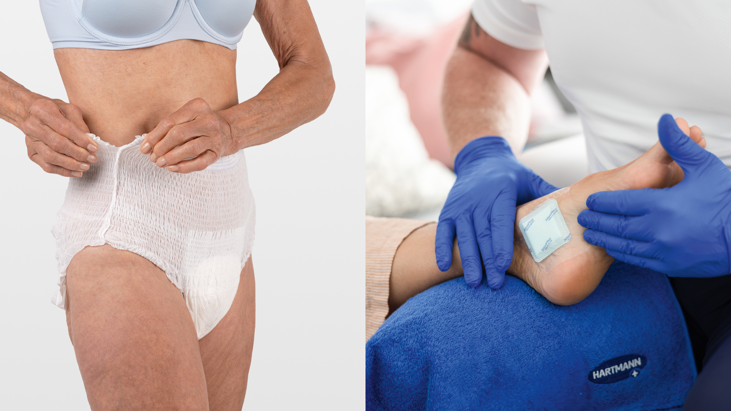 Woman adjusting an incontinence panty; a caregiver’s gloved hands applying a bandage to a patient’s foot.