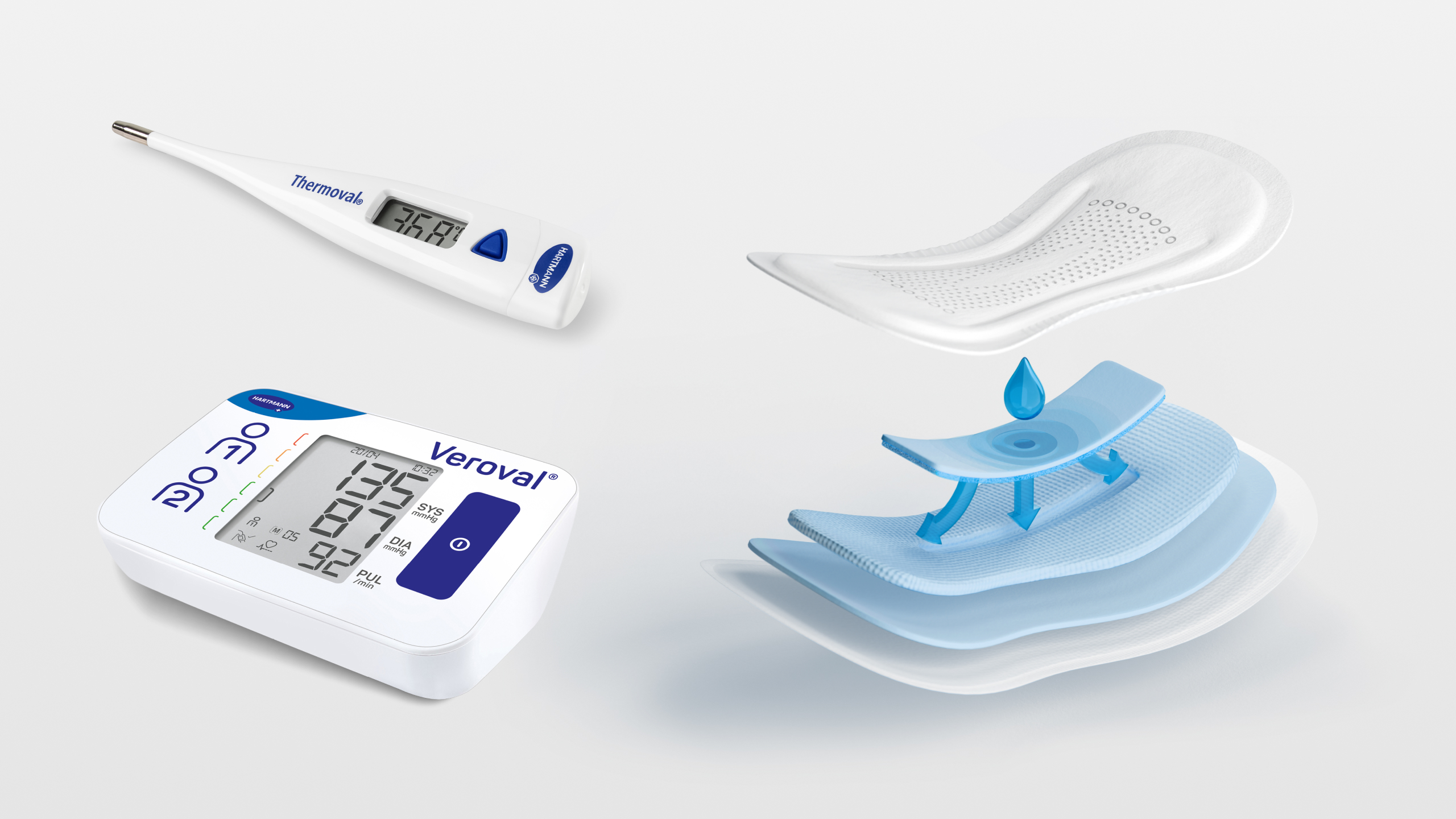 Illustration of a blood pressure monitor, a clinical thermometer, and an exploded view of a pad.