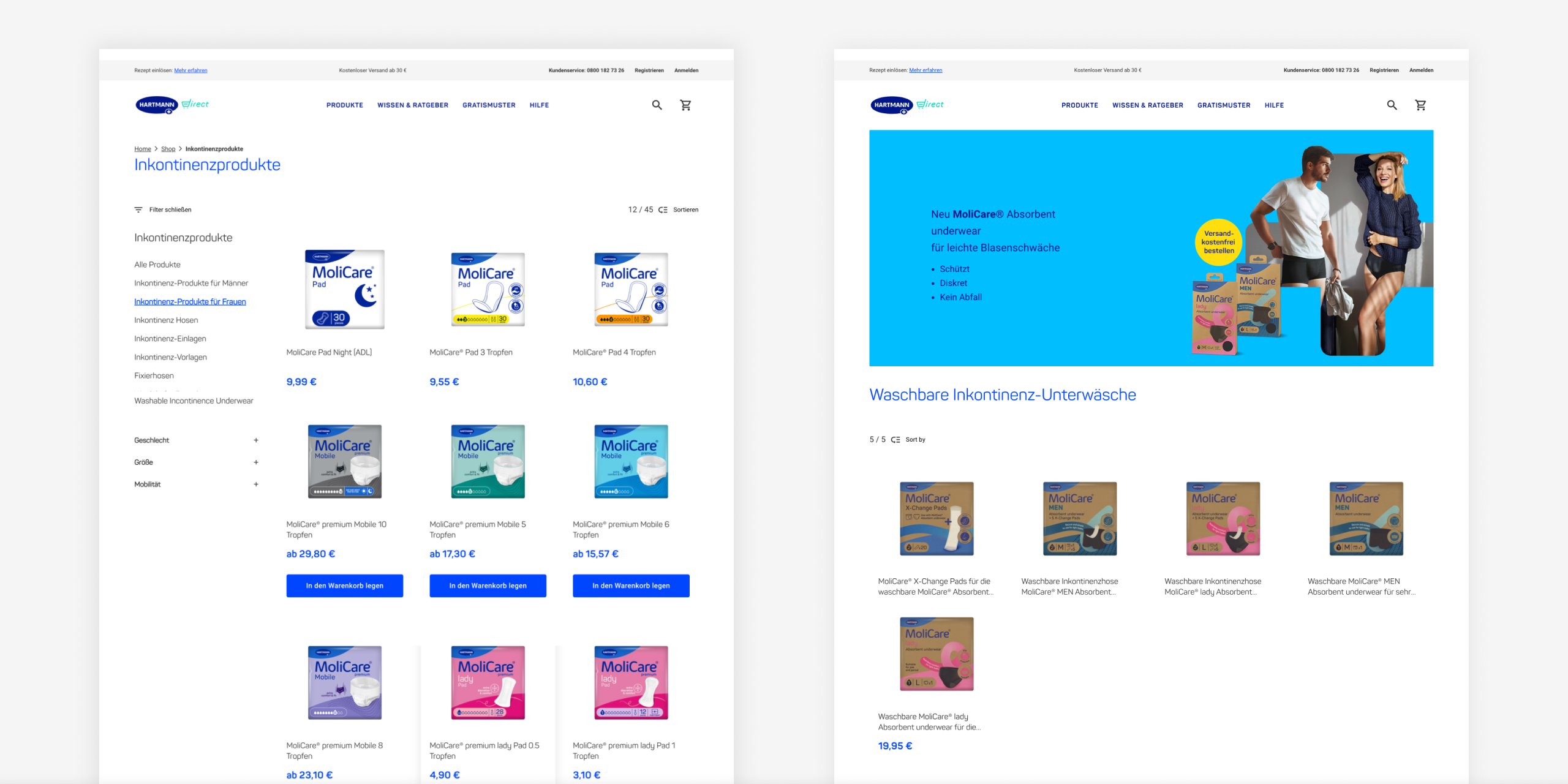 Two e-commerce category pages for incontinence products, showing product listings, filters, prices, and promotional banners for MoliCare© items.