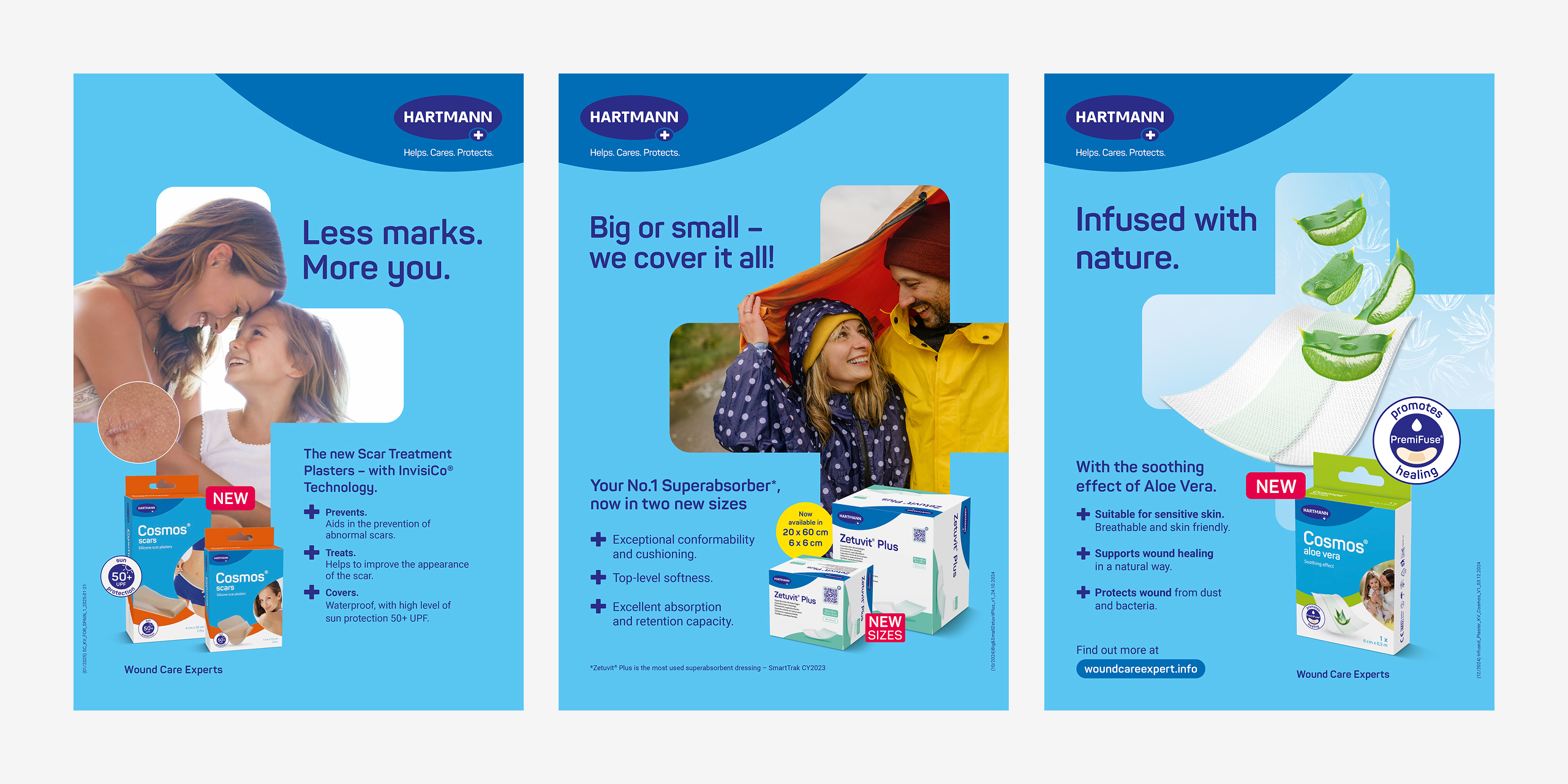 Three promotional posters for wound care products, highlighting scar treatment plasters, superabsorbent dressings, and aloe vera–infused plasters, with lifestyle imagery and product packaging.