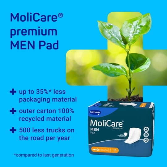 Promotional graphic for MoliCare© Premium MEN Pad highlighting reduced packaging material, recycled outer carton, and environmental benefits, with a plant growing from soil and product pack shown.